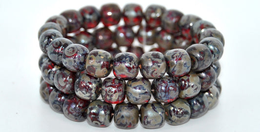 Pony Pressed Semi Roound Beads, Ruby Red Picasso (90080-43400), Glass, Czech Republic