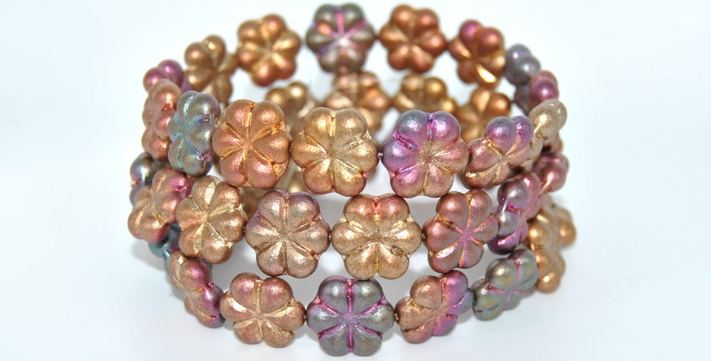 6枚の花びらの花の押しビーズ、バイオレットレインボーメタリックアイリス（01640）、ガラス、チェコ共和国〜STRANDED