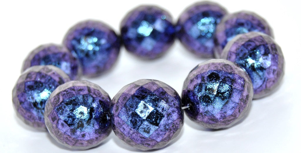 ファイアポリッシュラウンドファセットビーズ、ブラックブルーイリディセント（23980-86966）、ガラス、チェコ共和国