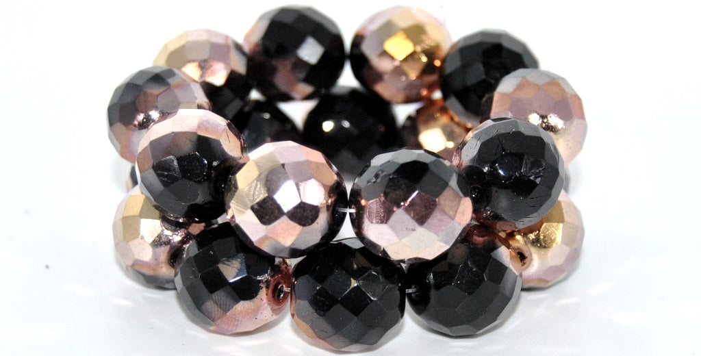 Fire Polished Round Faceted Beads, Black Rose Gold Capri (23980-27101), Glass, Czech Republic ~ STRANDED