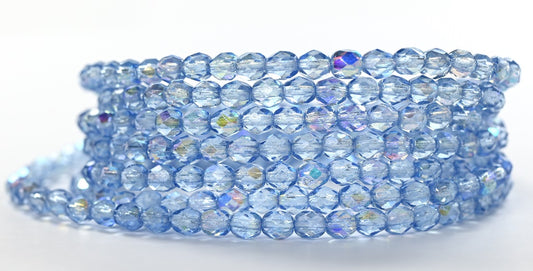 10克多面切割圆形火抛光珠，5 x 5毫米，水晶浅蓝色（00030-34307），玻璃，捷克共和国