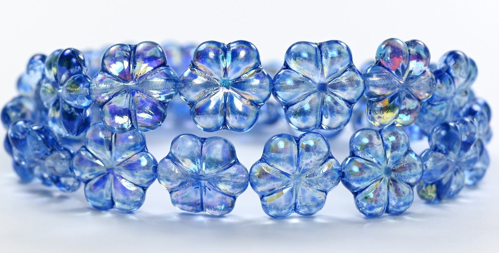 OUTLET 10 grams 6-Petal Flower Pressed Beads, 15 x 15 mm, Crystal Light Blue Ab (00030-34307-AB), Glass, Czech Republic