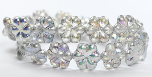 6枚の花びらフラワープレスビーズ、クリスタルシルバーグレーAB（00030-34301-AB）、ガラス、チェコ共和国〜STRANDED