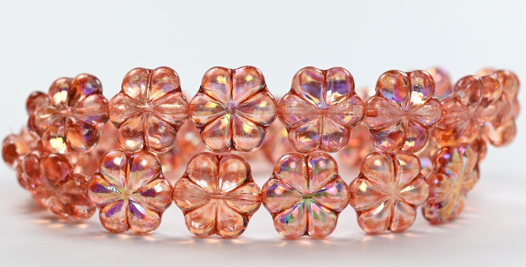 6-Petal Flower Pressed Beads, Crystal Light Pink Peach Ab (00030-34305-AB), Glass, Czech Republic ~ STRANDED