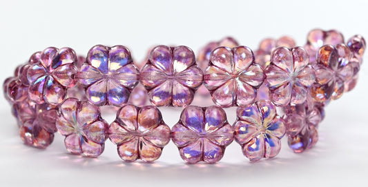 6-Petal Flower Pressed Beads, Crystal Light Fuchsia Pink Ab (00030-34306-AB), Glass, Czech Republic ~ STRANDED