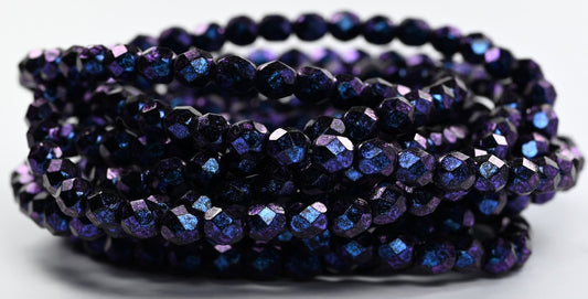 ファイアポリッシュラウンドファセットビーズ、ブルーイリディセント（86966）、ガラス、チェコ共和国