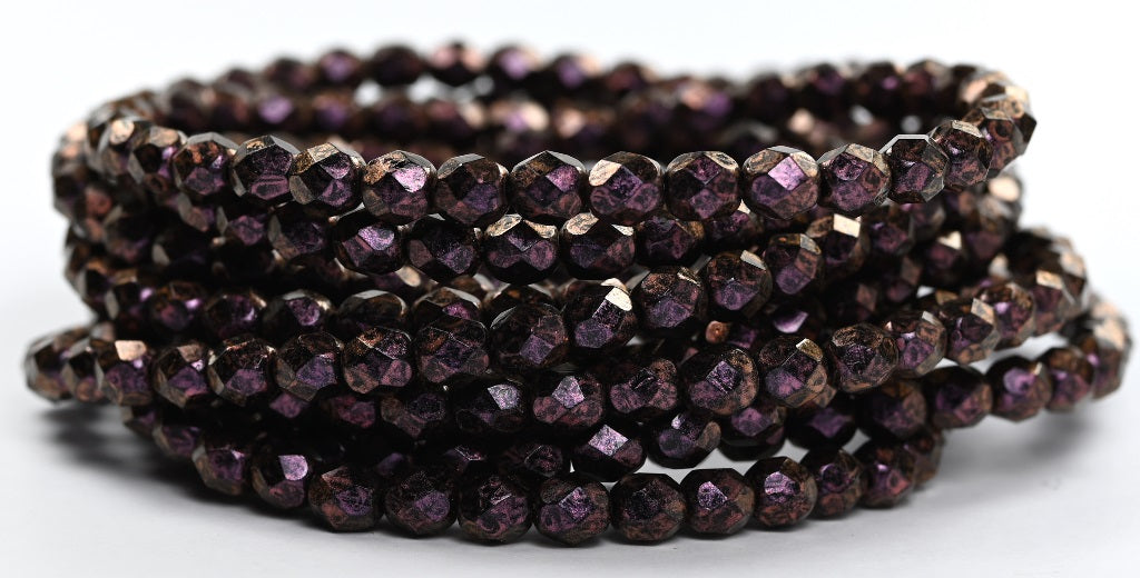 ファイアポリッシュラウンドファセットビーズ、レッドイリディセント（86944）、ガラス、チェコ共和国