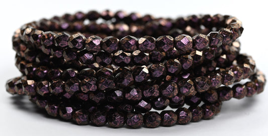 ファイアポリッシュラウンドファセットビーズ、レッドイリディセント（86944）、ガラス、チェコ共和国