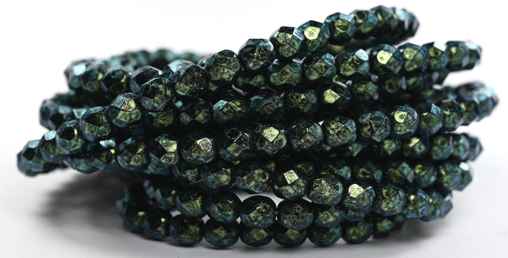 Fire Polished Round Faceted Beads, Green Iridiscent (86922), Glass, Czech Republic