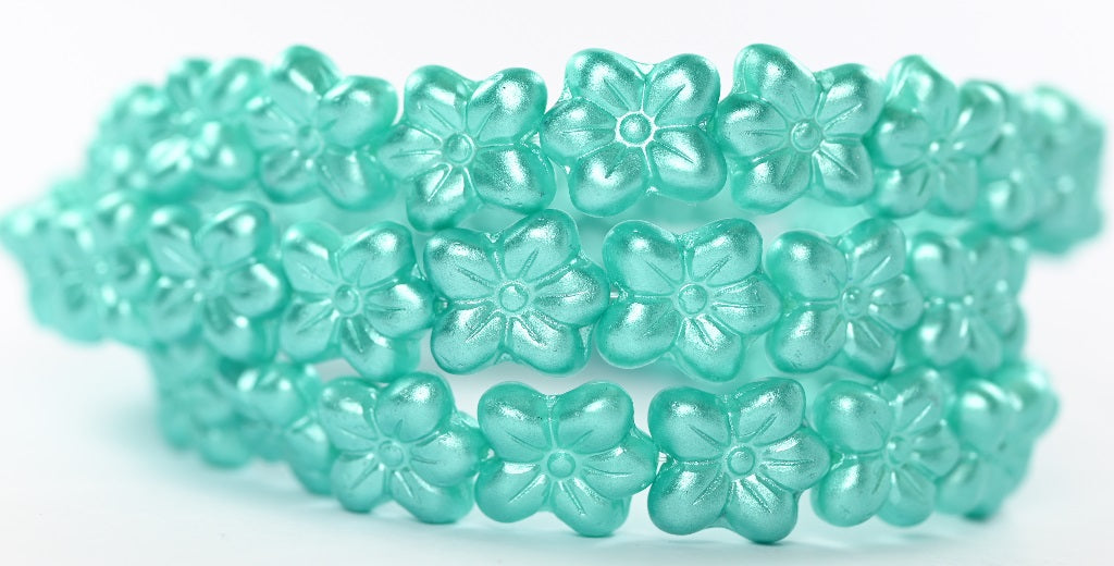 Flower Pressed Glass Beads, Pearl Turquoise (70067B), Glass, Czech Republic