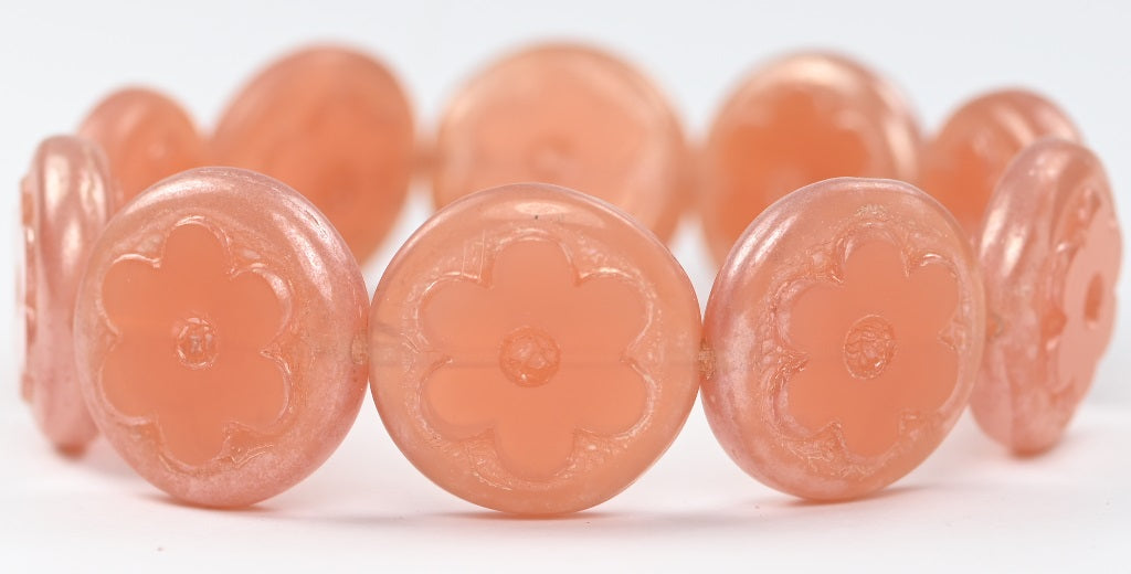 OUTLET 10 grams Table Cut Round Beads With Flower, 17 x 17 mm, Opal Pink Hematite (71000-14400), Glass, Czech Republic