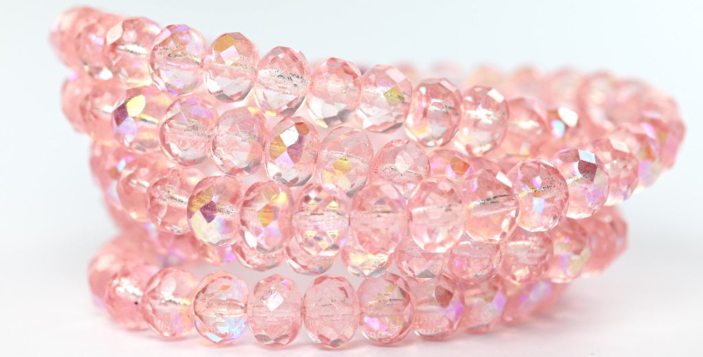 ファセット加工スペシャルカットロンデルファイアポリッシュビーズ、クリスタルライトピンクAB（00030-34304-AB）、ガラス、チェコ共和国～STRANDED