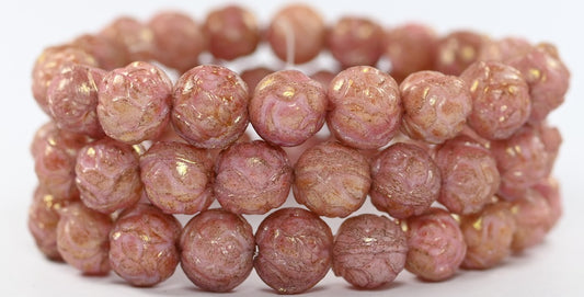 ラウンドローズプレスガラスビーズ、ラスターレッドフルコーティングアンティーク（14495-ANTIQ）、ガラス、チェコ共和国〜STRANDED