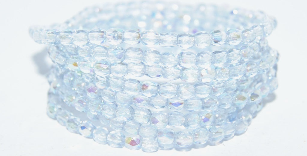 Fire Polished Round Faceted Beads, 3 Transparent Blue Ab (3-30000-AB), Glass, Czech Republic