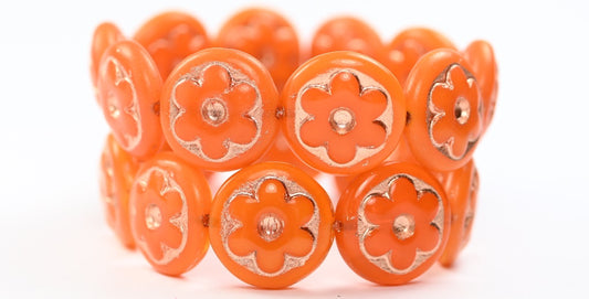 OUTLET 10 grams Round With Convex Flower Pressed Glass Beads, 17 x 17 mm, Orange Copper Lined (81240-54200), Glass, Czech Republic