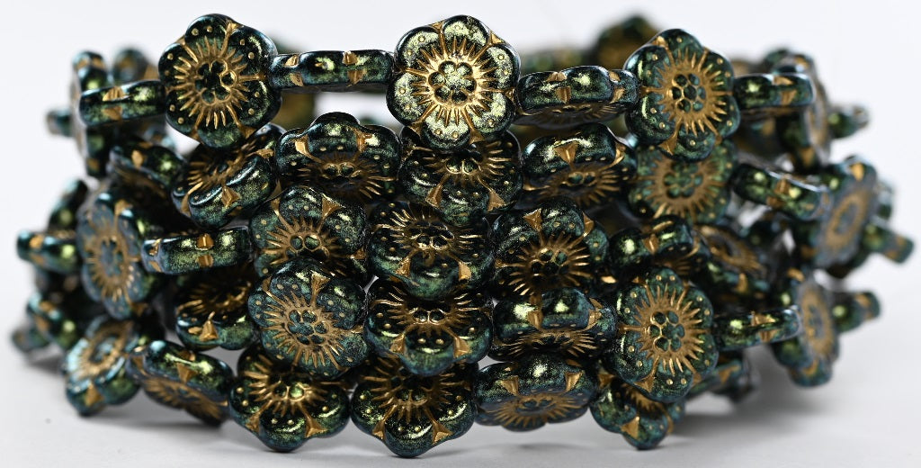 OUTLET 10 克花朵压花玻璃珠，14 x 14 毫米，绿色虹彩金色内衬 (86922-54202)，玻璃，捷克共和国