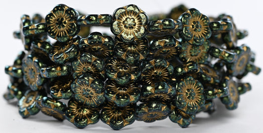 OUTLET 10 grams Flower Pressed Glass Beads, 14 x 14 mm, Green Iridiscent Gold Lined (86922-54202), Glass, Czech Republic