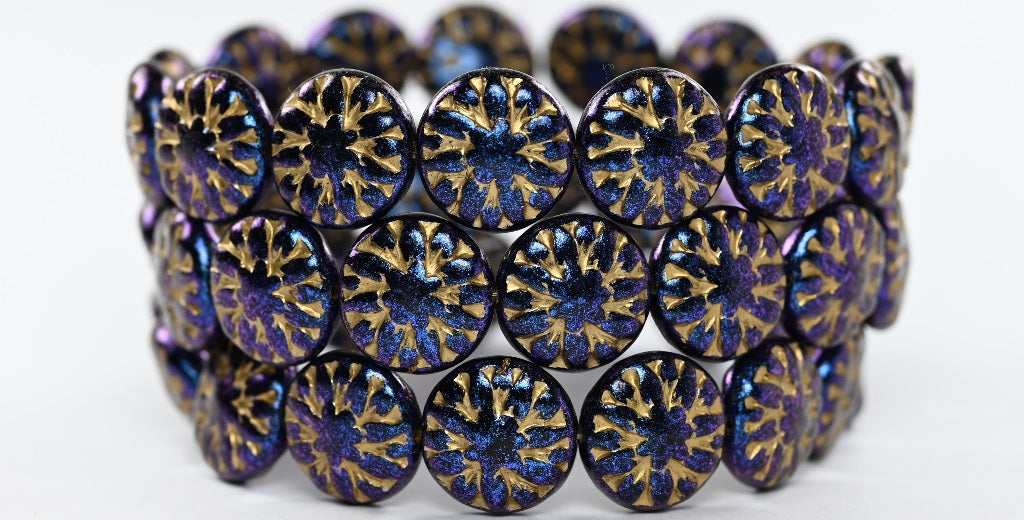 Round Flower Edelweiss Pressed Glass Beads, 86966 Gold Lined (86966-54202), Glass, Czech Republic