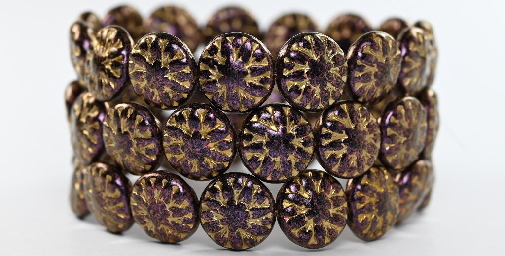 Round Flower Edelweiss Pressed Glass Beads, 86944 Gold Lined (86944-54202), Glass, Czech Republic