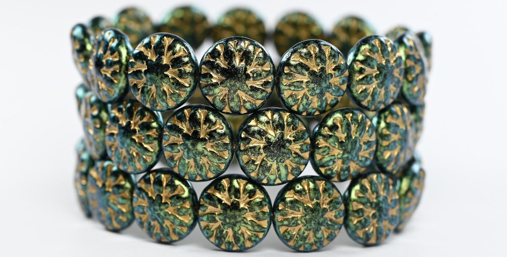 Round Flower Edelweiss Pressed Glass Beads, 86922 Gold Lined (86922-54202), Glass, Czech Republic