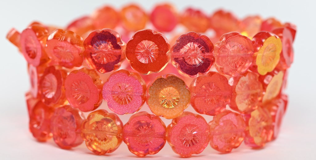 Table Cut Round Beads Hawaii Flowers, Crystal Glossy Red Orange (00030-48109), Glass, Czech Republic