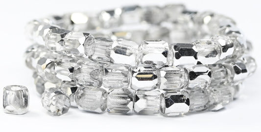 OUTLET 10 grams Barrel Faceted Fire Polished Beads, 7 x 7 mm, Crystal Crystal Silver Half Coating (00030-27001), Glass, Czech Republic