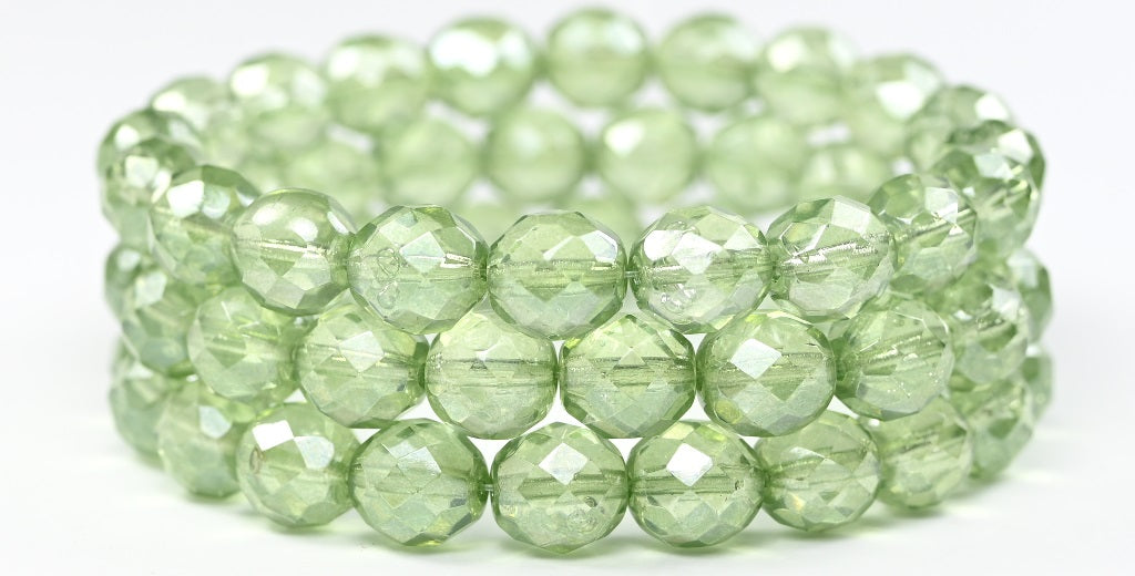 Fire Polished Round Faceted Beads, Crystal Luster Green Full Coated (00030-14457), Glass, Czech Republic