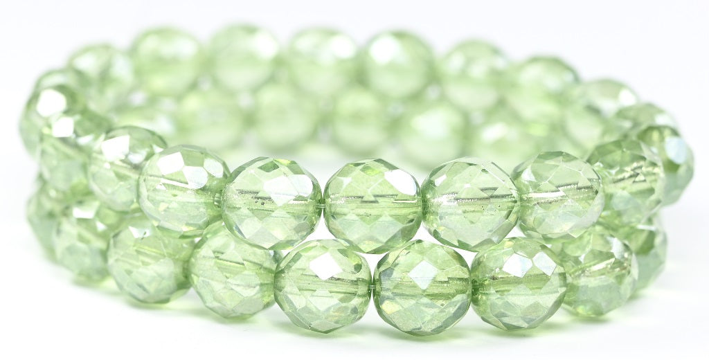 Fire Polished Round Faceted Beads, Crystal Luster Green Full Coated (00030-14457), Glass, Czech Republic