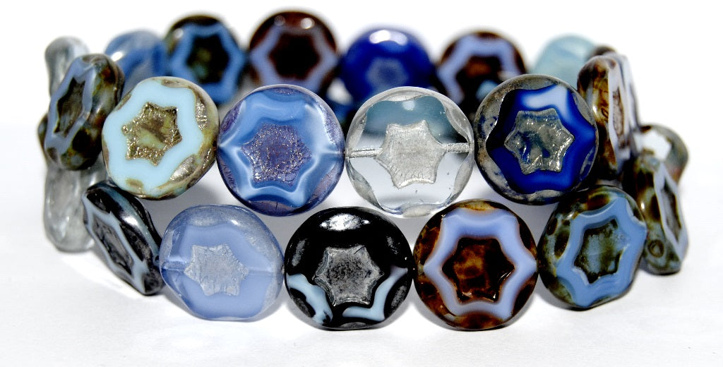 Table Cut Round Beads With Star, Blue Mixed Colors (BLUE-MIX), Glass, Czech Republic