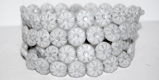 Flower Pressed Glass Beads, White 54201B (02010-54201B), Glass, Czech Republic