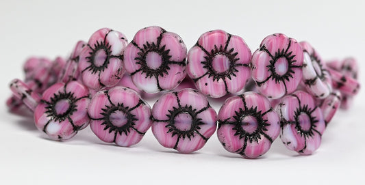 Round Flat Flower Pressed Glass Beads, Pink Stripes Black Lined (75000-46769), Glass, Czech Republic