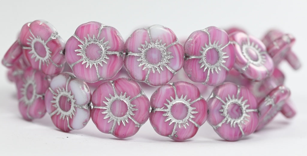 Round Flat Flower Pressed Glass Beads, Pink Stripes Silver Lined (75000-54201), Glass, Czech Republic