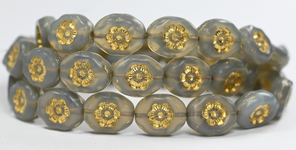 Oval Pressed Glass Beads With Flowers, Opal Gray Gold Lined (41000-54202), Glass, Czech Republic ~ STRANDED