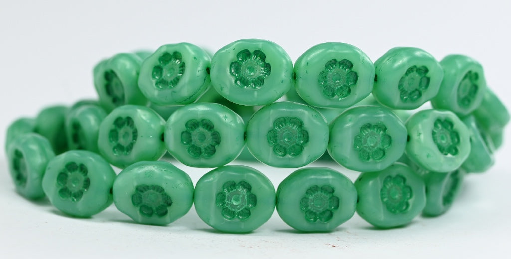 Oval Pressed Glass Beads With Flowers, Opal Aqua Green Lined (61300-46450), Glass, Czech Republic