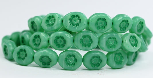 Oval Pressed Glass Beads With Flowers, Opal Aqua Green Lined (61300-46450), Glass, Czech Republic