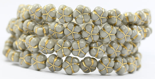 5-Petal Flower Pressed Beads, Opaque Gray Gold Lined (43010-54202), Glass, Czech Republic