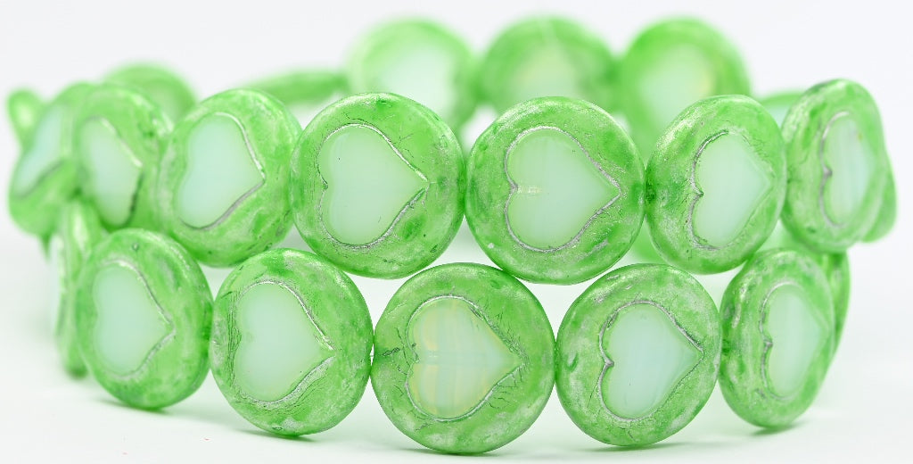 Table Cut Round Beads With Heart Green, Glass, Czech Republic