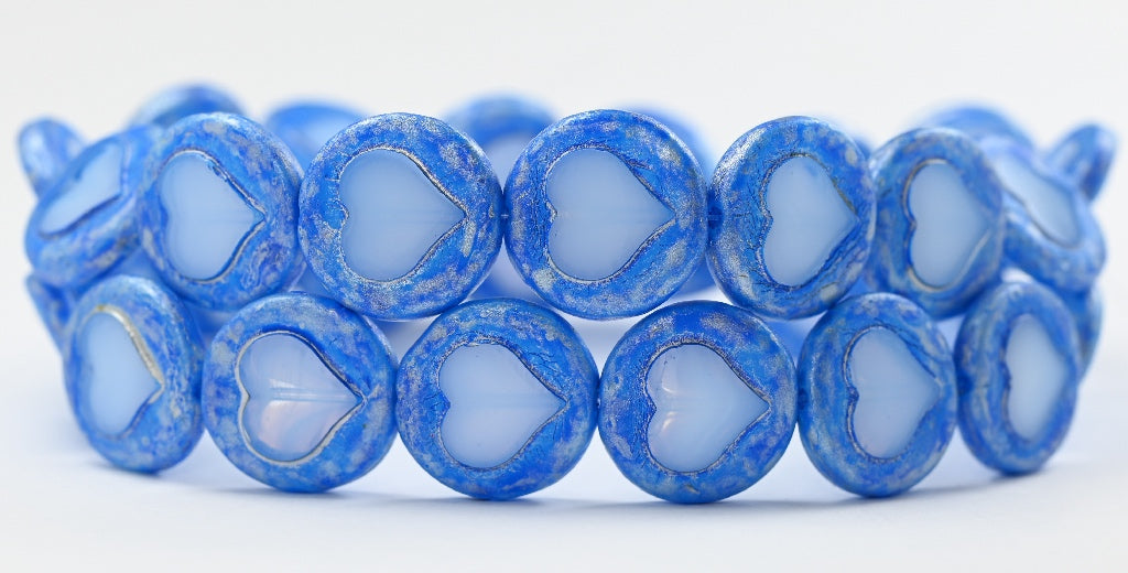 Table Cut Round Beads With Heart Blue, Glass, Czech Republic