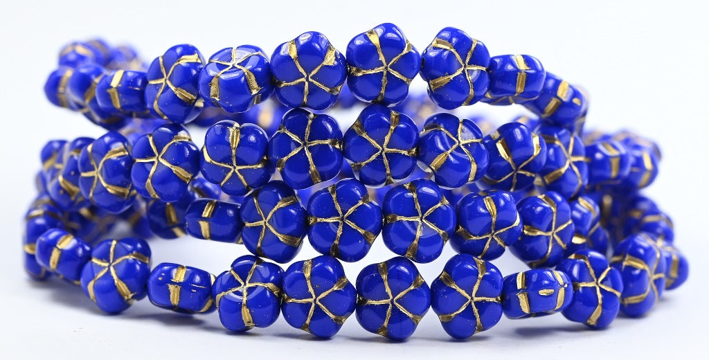 5-Petal Flower Pressed Beads, Rich Blue Gold Lined (33060-54202), Glass, Czech Republic