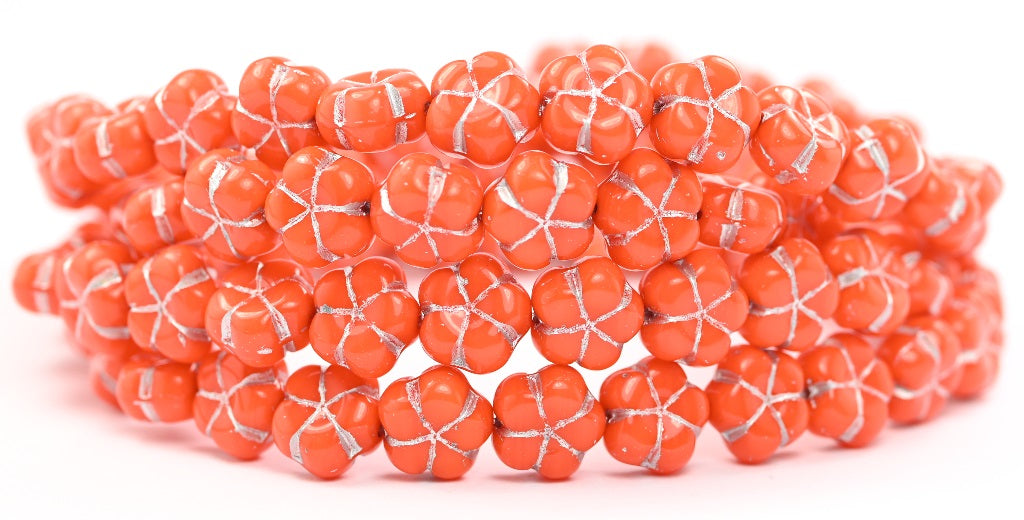 5-Petal Flower Pressed Beads, Deep Orange  Silver Lined (93140-54201), Glass, Czech Republic