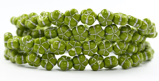 5-Petal Flower Pressed Beads, Opaque Green Silver Lined (53410-54201), Glass, Czech Republic