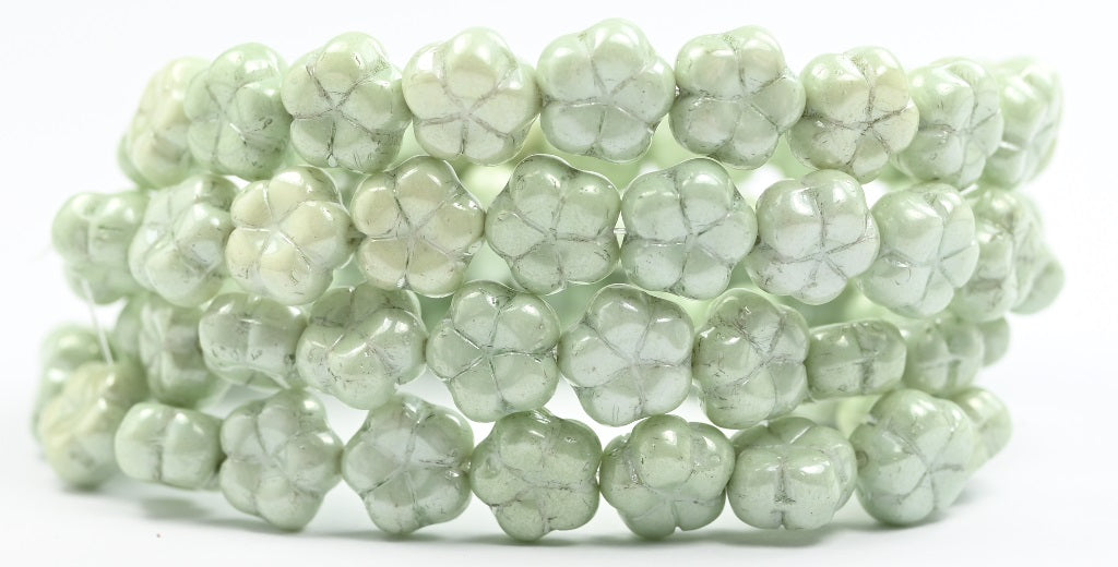 5-Petal Flower Pressed Beads, White Luster Green Full Coated (02010-14457), Glass, Czech Republic