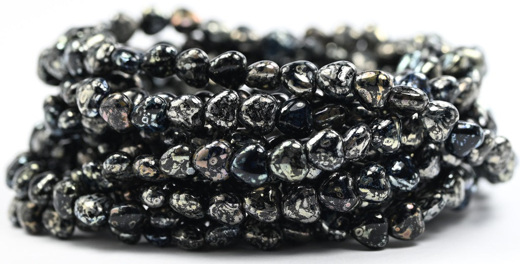 Heart Pressed Glass Beads, Black Rembrandt Travertin (23980-43500), Glass, Czech Republic