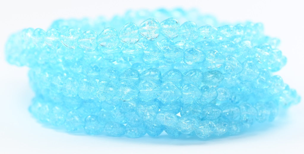 ハート型プレスガラスビーズ、クリスタルライトアクアブルークラック（00030-34308-CRACK）、ガラス、チェコ共和国