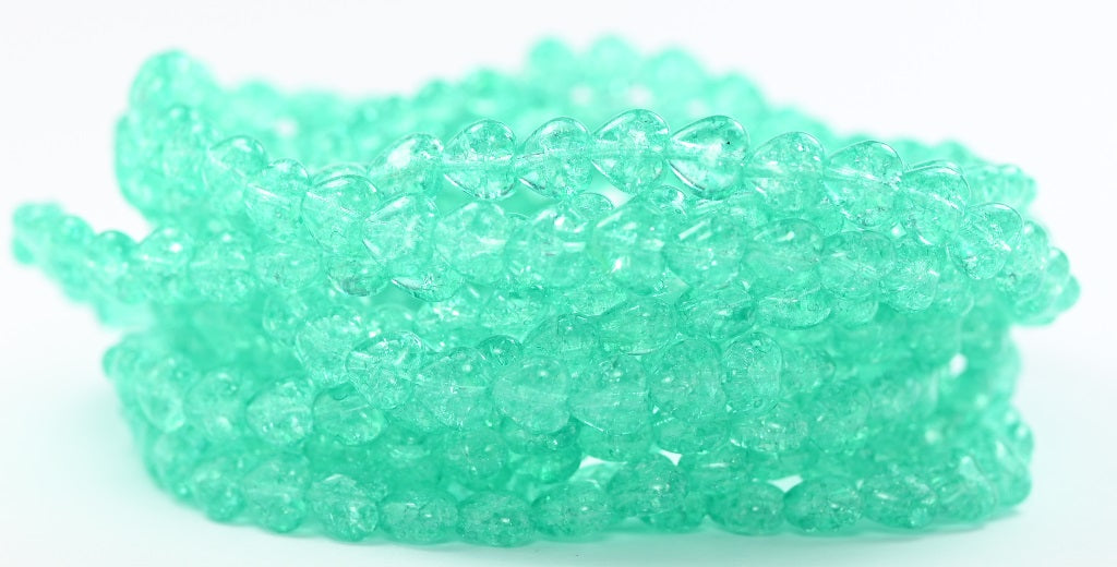 ハート型プレスガラスビーズ、クリスタルライトターコイズクラック（00030-34309-CRACK）、ガラス、チェコ共和国