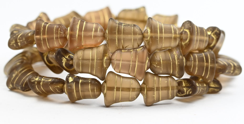 Flat Bell Beads, Transparent Brown Gold Lined Matte (10210-54202-M), Glass, Czech Republic