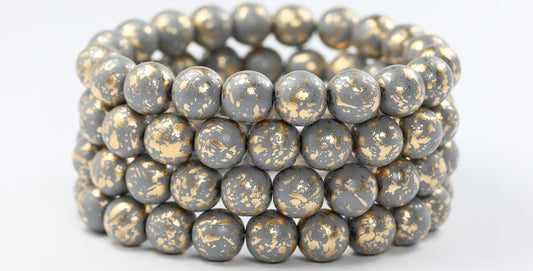 Round Pressed Glass Beads Druck, White Gray Golden Splash (02010-13009), Glass, Czech Republic