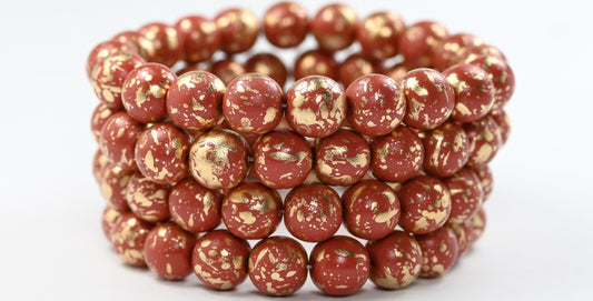 Round Pressed Glass Beads Druck, White Brown Golden Splash (02010-13007), Glass, Czech Republic