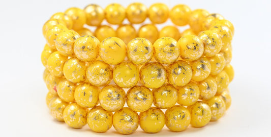 Round Pressed Glass Beads Druck, White Yellow Golden Splash (02010-13001), Glass, Czech Republic