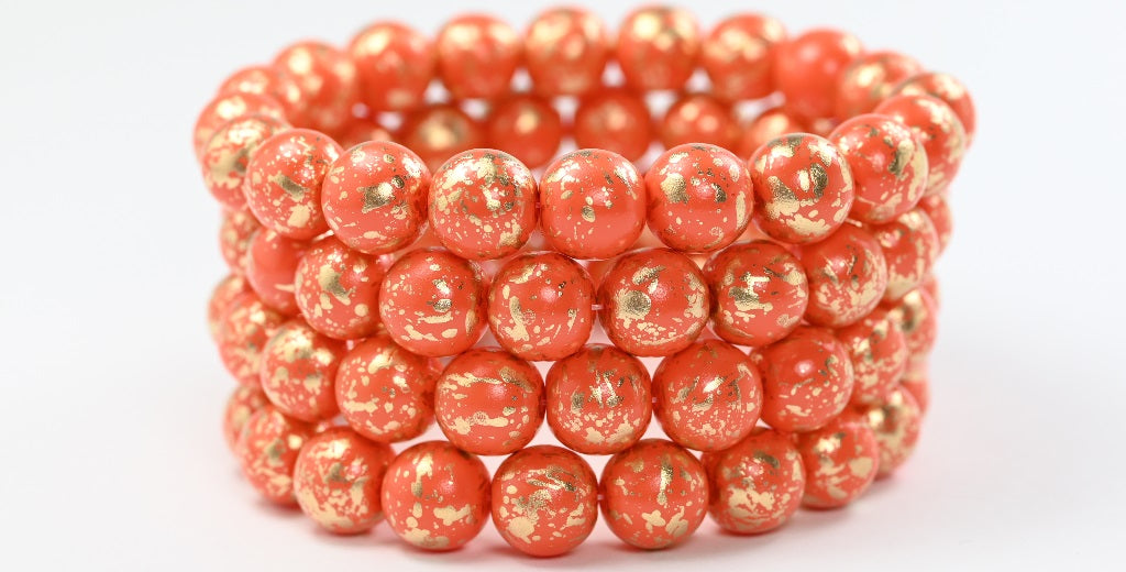 Round Pressed Glass Beads Druck, White Orange Golden Splash (02010-13008), Glass, Czech Republic